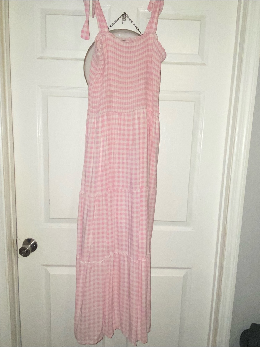 Pink checkerboard Tie-Shoulder Maxi Dress